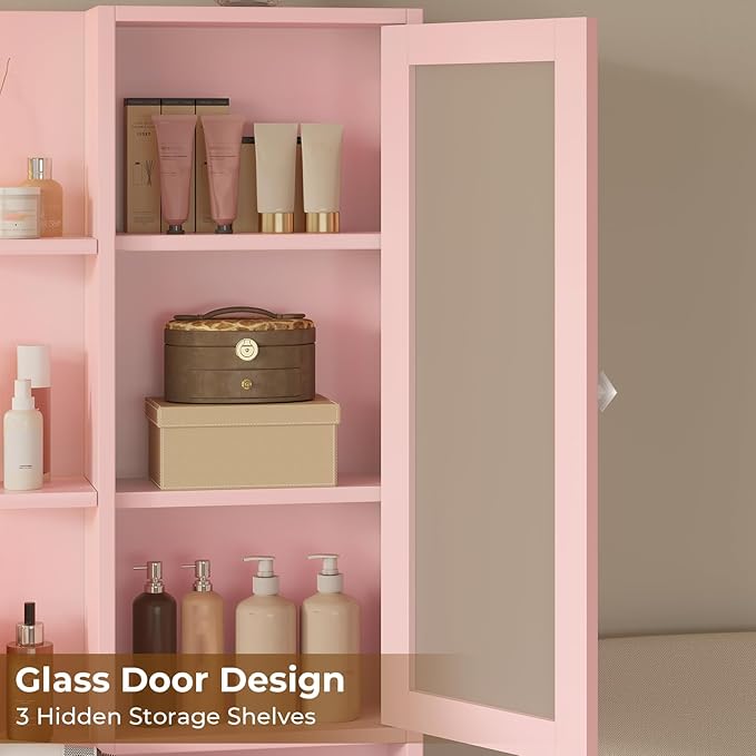 Tiptiper Makeup Vanity Desk with Mirror and Lights & Charging Station, White Vanity Table with 5 Storage Drawer & Glass Door & 3 Shelves for Bedroom,Pink