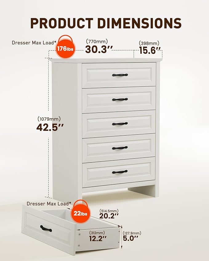 Amada Farmhouse 5 Drawer Dresser for Bedroom with Wood Drawers, Supports up to 22 lbs per Drawer, Anti-Tip Design for Safety, 5 Dresser Drawer Unit for Bedroom, Hallway, White