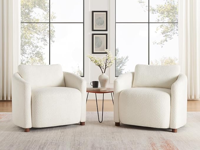 Boucle Accent Barrel Chair, Cloud Reading Chair for Living Room & Bedroom, Furry Sherpa Armchair with Cozy Soft Throw Pillow Back, Comfy Upholstered Lounge Chair, Modern Single Sofa Chair