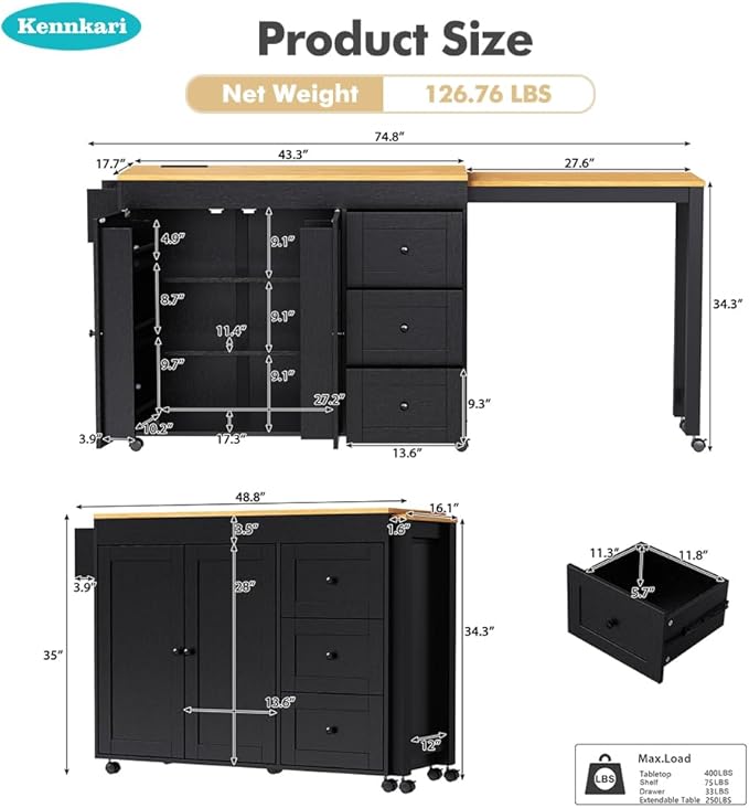 74.8" Rolling Kitchen Island with Extendable Dining Table, Kitchen Storage Cart with 3 Drawers and Power Outlet, Mobile Island Table with Spice Rack and Double-Door Cabinet (Black)