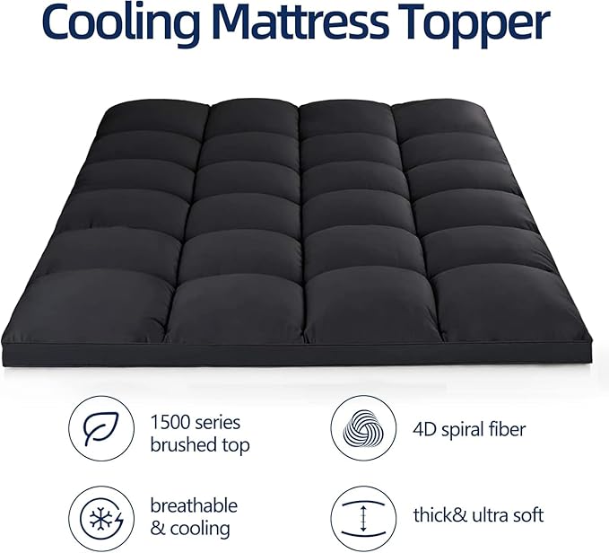 Mattress Topper Queen, Extra Thick Mattress Pad Cover, Plush Pillow Top, Deep Elastic Pocket, Black