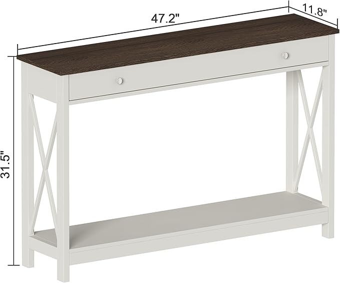 Treocho 47" Farmhouse Console Table with Drawer and Storage Shelves, Foyer Sofa Table Narrow for Entryway, Living Room, Hallway, Soft White