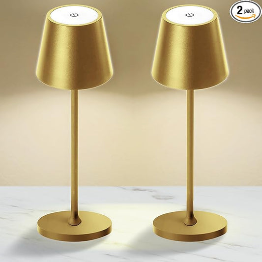2 Pack Cordless Table Lamp,Portable LED Desk Lamp, 5200mAh Battery Operated, 3 Color Stepless Dimming Up, for Restaurant, Bedroom, Bars, Outdoor Party, Camping, Coffee Shop Night Light Gold