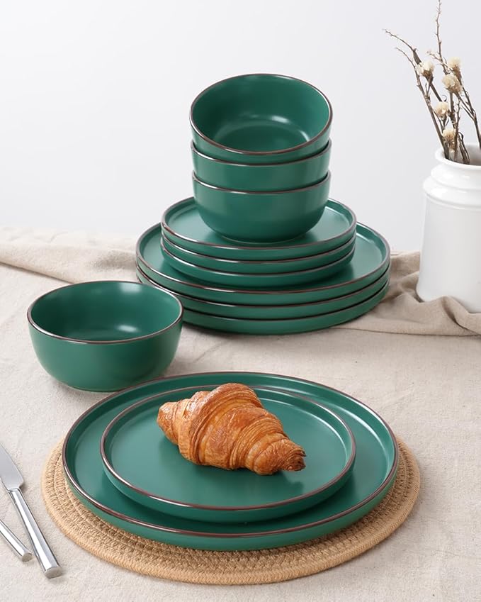 Famiware Mercury Plates and Bowls Sets, 18 Pieces Stoneware Dinnerware Sets, Dishes Set for 6, Microwave and Dishwasher Safe, Dark Green