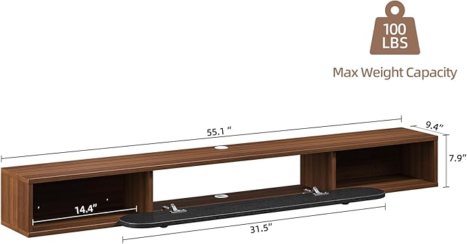 Floating TV Stand Wall Mounted 55'', Modern Media Console with 2 Open Cabinets and 1 Door,Wall Mount TV Console for Living Room Bedroom,Walnut and Black