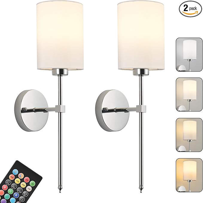 Battery Operated Wall Sconces Set of Two,Wireless Rechargeable Wall Light With Remote Control, Dimmable, Amber Light/Warm White/Natural White/Daylight/RGB,Timer,for Living Room,Bedroom,Entryway,Chrome