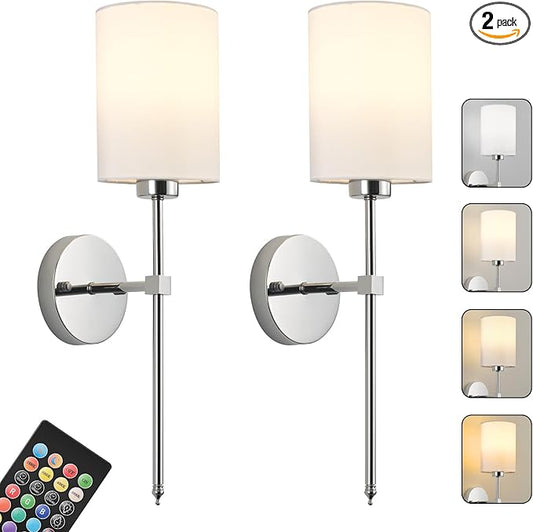 Battery Operated Wall Sconces Set of Two,Wireless Rechargeable Wall Light With Remote Control, Dimmable, Amber Light/Warm White/Natural White/Daylight/RGB,Timer,for Living Room,Bedroom,Entryway,Chrome