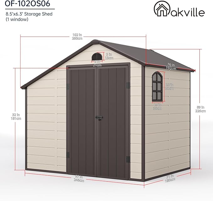 8.5 ft. W x 6.3 ft. D Resin Outdoor Patio Storage Shed with Firewood Rack, Floor and Lockable Door