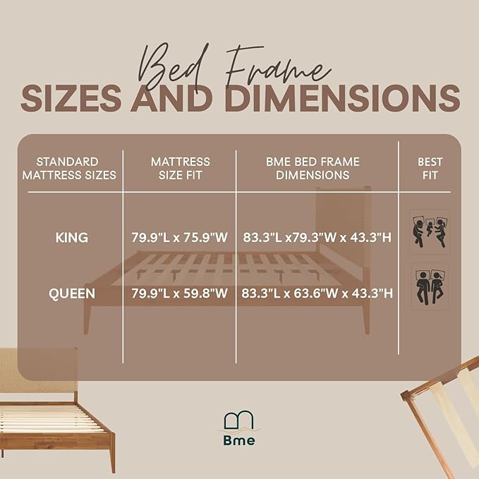 Bme Selina King Bed Frame and Headboard - Handcrafted Paper Cord Headboard, 12-Slat Support, No Box Spring Needed - Easy Assembly, Caramel