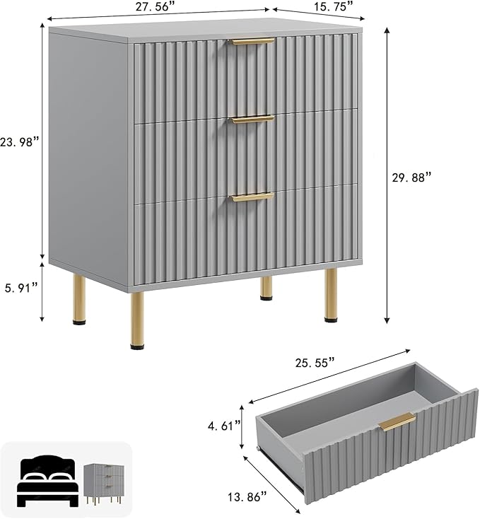3 Drawer Dresser for Bedroom, Fluted Modern Nightstand with Deep Drawers, Chest of Drawers with Wide Top, Wooden Dresser Organizer, Side Table for Living Room, Hallway, Kids Room, Grey