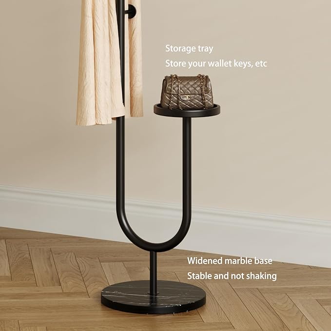 Coat Rack,Metal Free Standing Coat Stand with marble base, Hall Coat Tree with 6 Hooks and Storage Tray,68.9 Inch Tall, for Coats, Hats, Bags, for Entryway, Hallway, Bedroom (black)