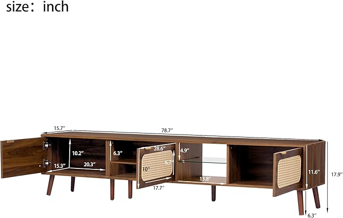 Marzzi Boho TV Stand for 85 Inch TV, 78" Entertainment Center with 3 Rattan Doors, Open Space with Glass Shelf, Walnut Media Console Cabinet for Living Room, Solid Wood Legs