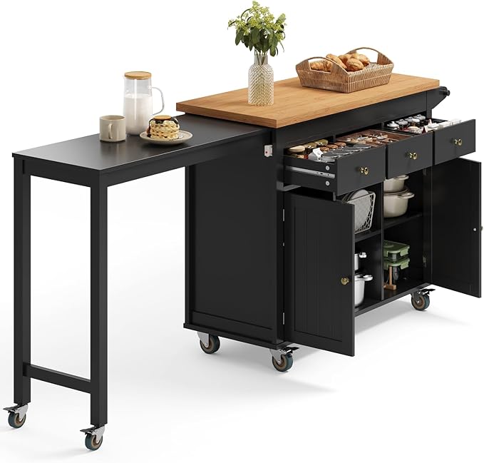 Ahomly Kitchen Island with Extendable Table for 2, 79.06" Extendable Kitchen Island Cart on Wheels with Storage Cabinet & 2 Open Shelves, Island Table for Kitchen with 3 Drawers, Black