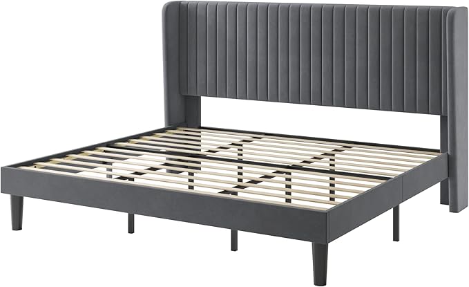 SHA CERLIN King Size Velvet Bed Frame with Vertical Channel Tufted Wingback Headboard, Upholstered Platform Bed with Wood Slats, No Box Spring Needed, Easy Assembly, Grey