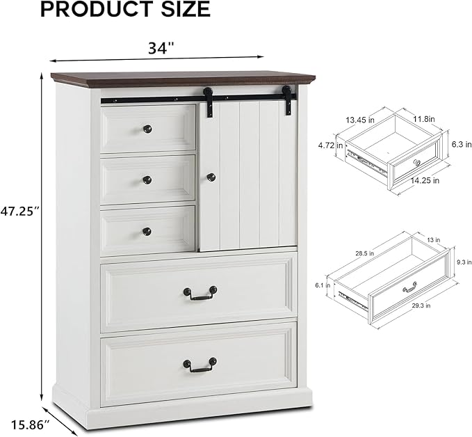 Farmhouse 5 Drawers Dresser for Bedroom, 47" Tall Chest of Drawers w/Sliding Barn Door, Rustic Wood Dressers Organizer w/Adjustable Shelves for Bedroom, Living Room, Kitchen-Antique White