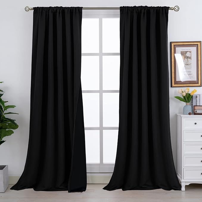 BGment Full Blackout Curtains with Thermal Insulation Liner Curtains 108 Inches Long, Rod Pocket and Back Tab Double Layer Room Darkening Window Curtain for Bedroom(52 x 108 Inch, 2 Panels, Black)