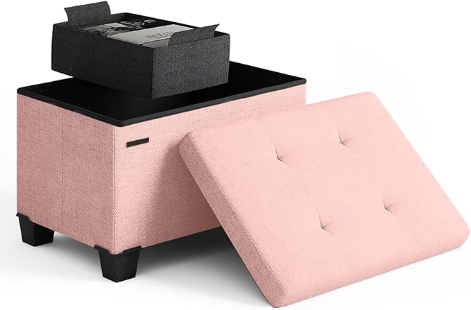 STORAGEBUD Storage Ottoman Cube with Small Bin, 16-in Square Ottoman with Storage for Living Room and Bedroom, Small Ottomans Foot Rest, Fabric Foot Stools Ottomans Max 330lbs, Pink