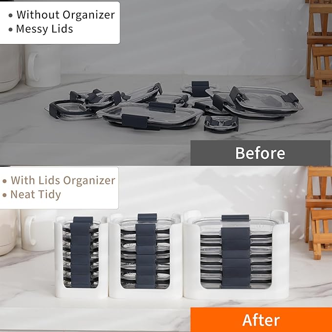 Food Container Lid Organizer for Rubbermaid Brilliances nap-on lids,Food Container Lid Organizer for Kitchen Cabinet (3-Piece) - Holds 24 Lids for 4.7 & 3.2 Cup,1.3 Cup ,0.5 Cup Containers (White)