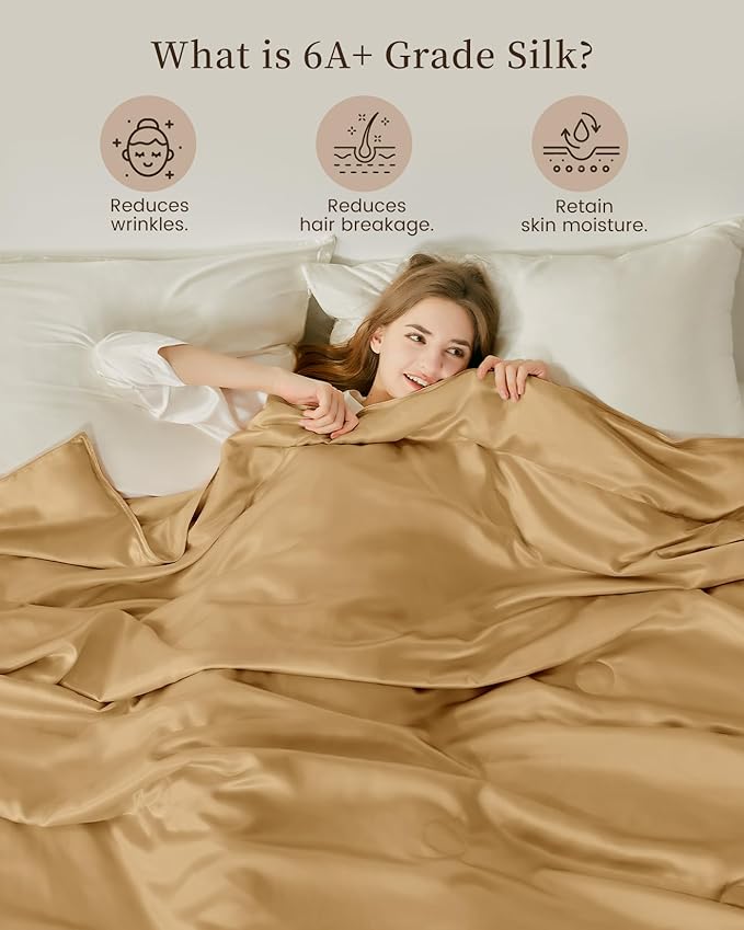 THXSILK Silk Blanket, 100% Mulberry Silk Cooling Throw, Soft and Lightweight Blanket for Bedroom, Sofa, Travel, All-Season (Metallic Gold, King)