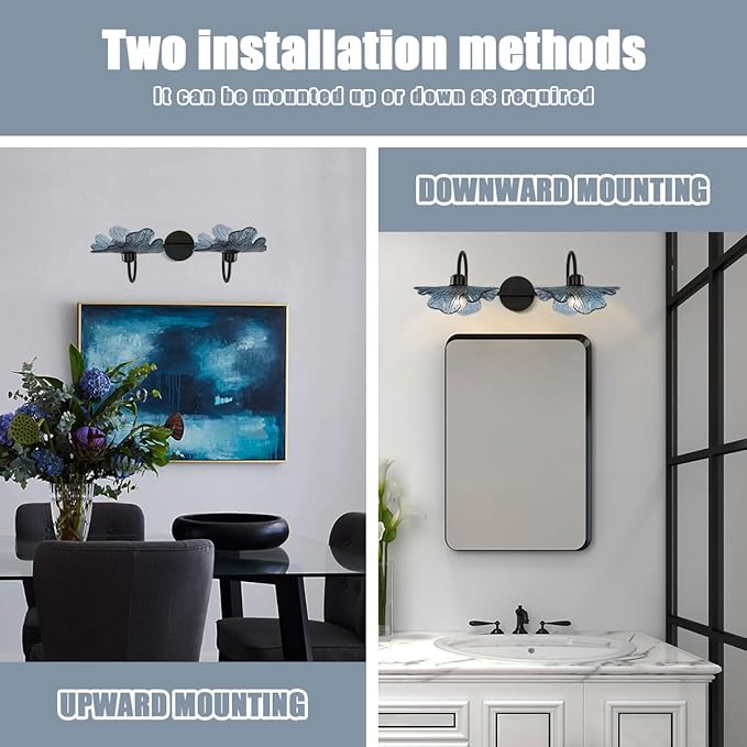 Bathroom Lights fixtures Matte Black Wall Sconce 2 Light Vanity Light Bathroom Wall Sconce Light Vintage Wall lamp Blue Glass Art Deco Vanity Lights Over Mirror for Bedroom Hallway Living Room