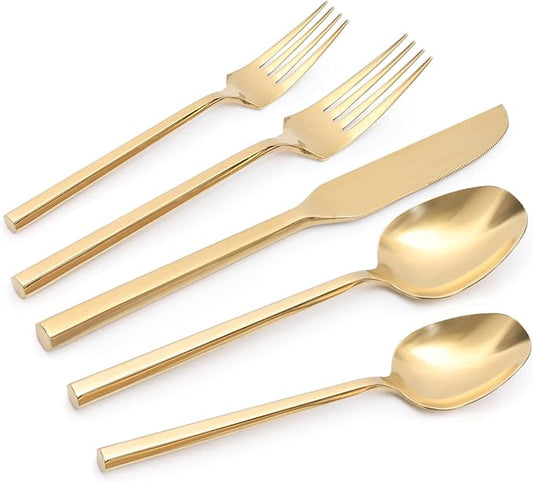 18/0 20-Piece Gold Silverware Set, Flatware Set Stainless Steel, Modern Cutlery Set, Service for 4, Mirror Finish Dishwasher Safe