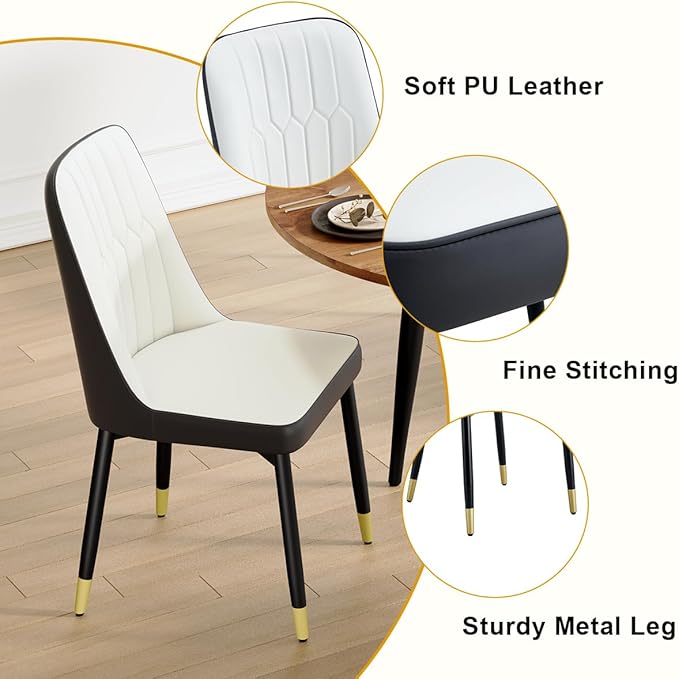 42"-54" Extendable Dining Table Set for 4, Round Dining Table Set for 4, 0.73" Thick Wood Tabletop with Smooth Edge, Black Metal Leg with Non-Slip Footmat, 4 Soft PU Chairs, for Kitchen, Small Space