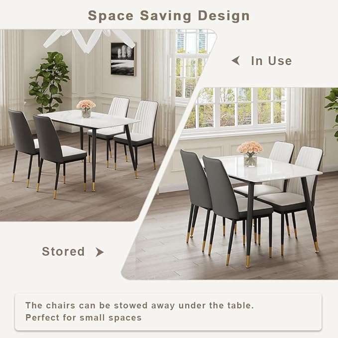 50" White Modern Sintered Stone Dining Table Set for 4 Faux Marble Dining Table with 4 Upholstered PU Leather Chair Dining Room Table Set for Kitchen Apartment(1White Table+4White &Gray Chairs)