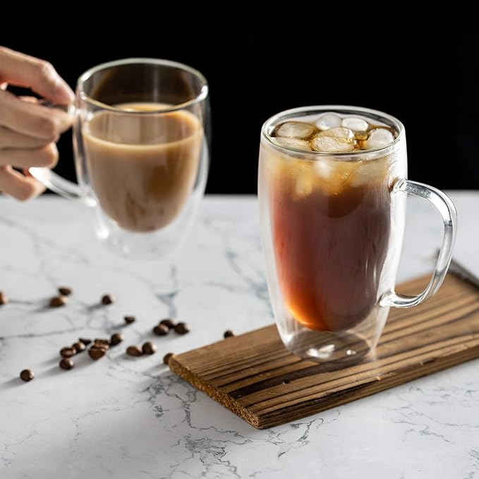 MEWAY 12oz/6 pack Coffee Mugs,Clear Glass Double Wall Cup with handle for Coffee, Tea, Latte, Cappuccino (12 oz，6)