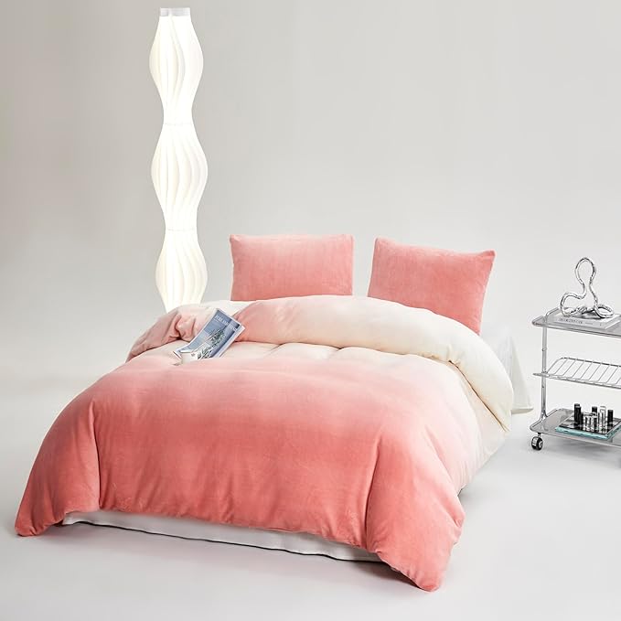 Luxlovery Pink White Velvet Comforter King Women Girls Pink Gradient Plush Bedding Set Winter Warm Sherpa Micromink Ink Rainbow Color Chic Quilts Modern Cute Bed Set for Adults Teens King Bed