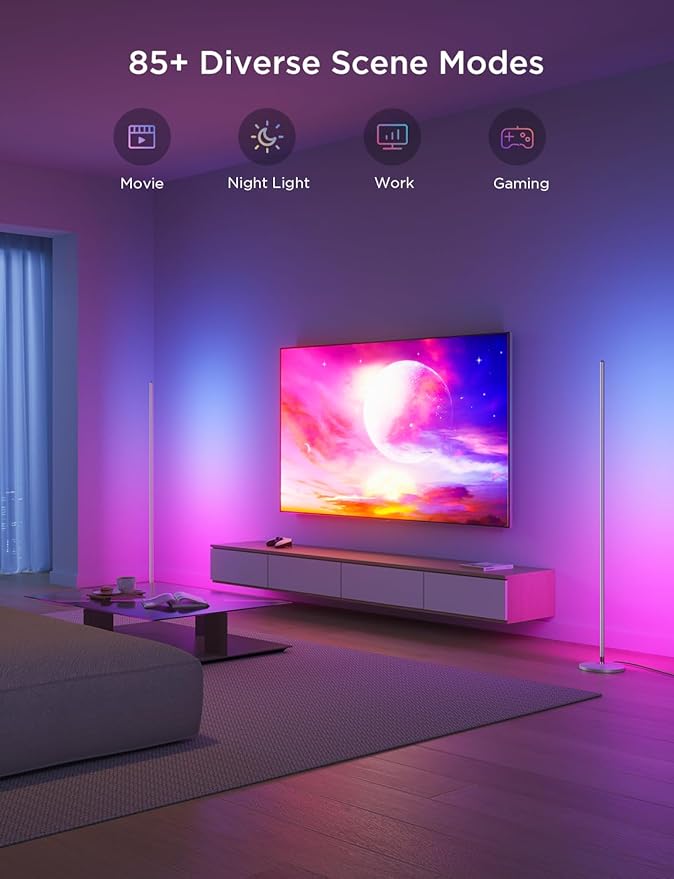 Govee RGBIC Floor Lamp, LED Corner Lamp Works with Alexa, Smart Modern Floor Lamp with Music Sync and 16 Million DIY Colors, Color Changing Standing Lamp for Bedroom Living Room Silver