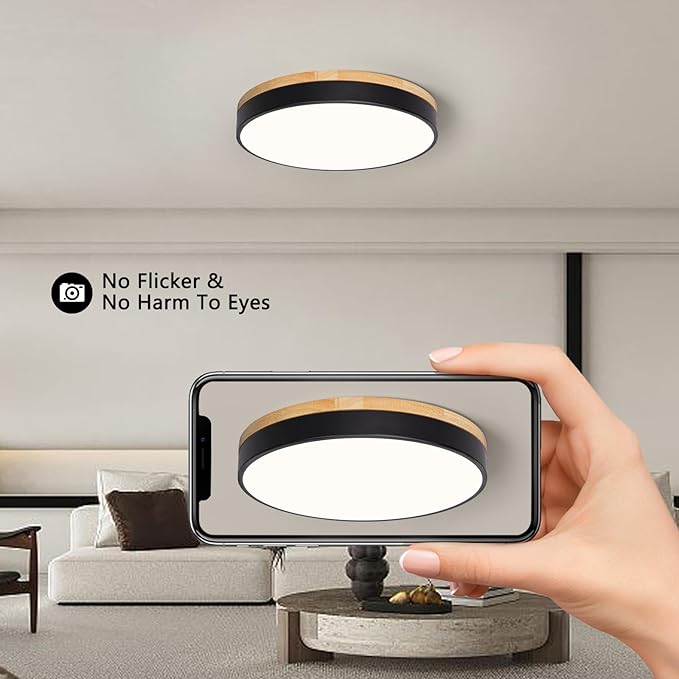 Modern Black Ceiling Light, Wood LED Close to Ceiling Lighting Fixtures, Round Flush Mount Ceiling Lamp for Kitchen Bedroom Bathroom Laundry Room Nursery Room Hallway（15.74 Inch）