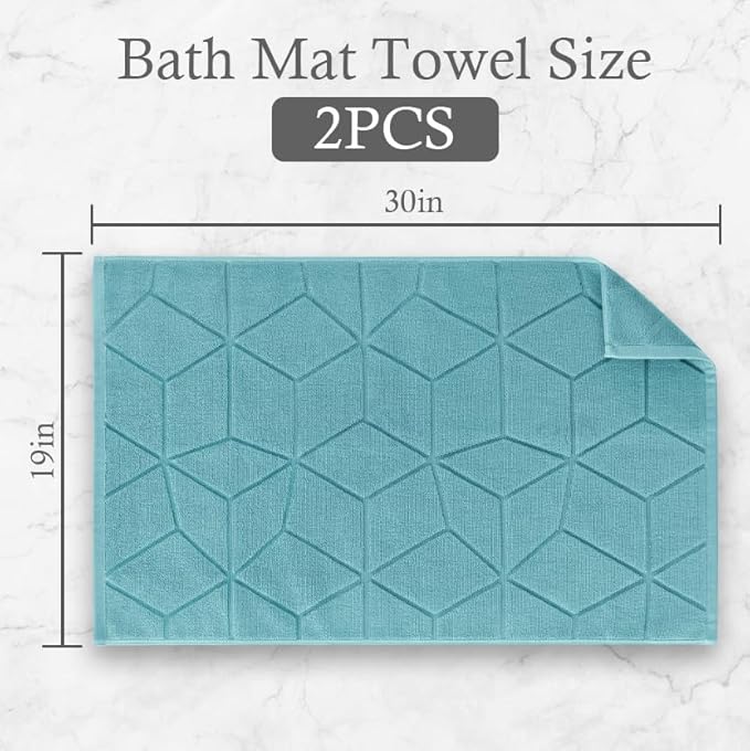 Bath Mat Towels [Not Bath Rug] - Thick 1100GSM - Hotel Towel Bathmat for Bathroom Floor, 19"x30" (2 PACK), 100% Cotton | Soft | Absorb | Washable, Aqua Teal Terry Cloth Mats for Bathroom