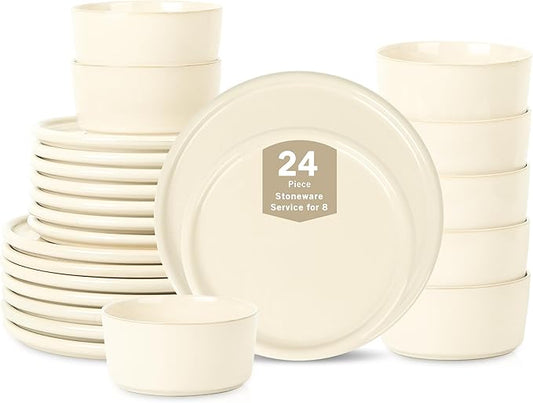 Stone Lain Eden 24-Piece Dinnerware Set Stoneware, Plates and Bowls Set, Dishwasher and Microwave Safe Dish, Dish Set for 8, Beige