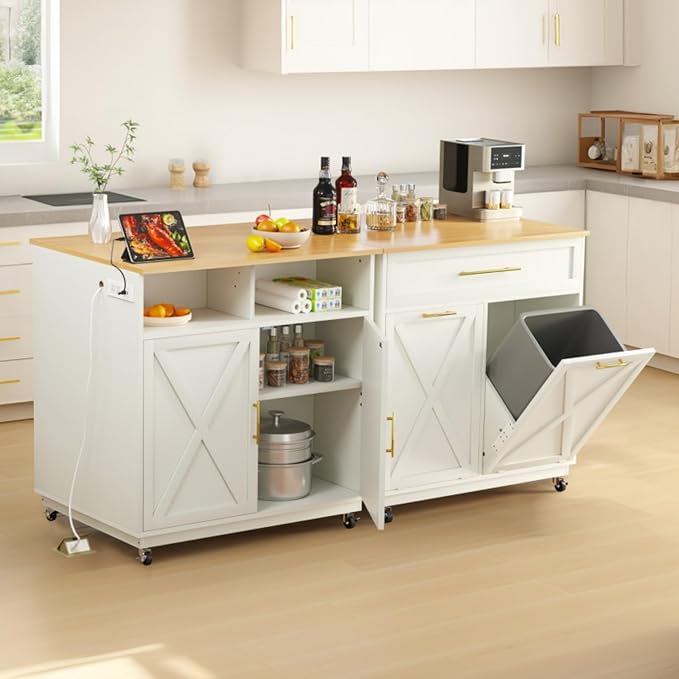 DWVO Kitchen Island with Power Outlet, 40 inch Rolling Island Table with Trash Can Cabinet fits Double 10-Gallon Bin, Square Mobile Storage Islands with Tilt Out Garbage Bin Cabinet, White Oak