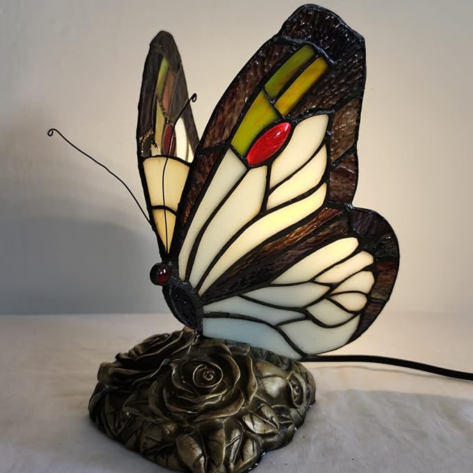 Bedside Table Lamp LED Tiffany Black White Butterfly Nightstand Table Lamps Stained Glass Shade ON Off Switch Home Office Desk Lamp Night Light Girl Grandma Mothers Day Gifts W/Gift Box