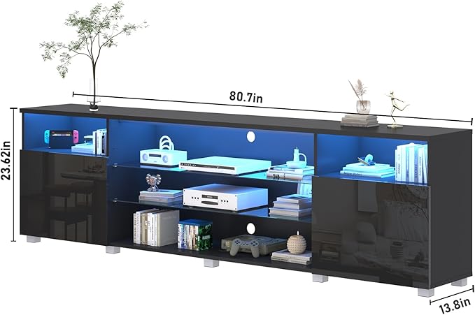 St.Mandyu LED TV Stand for 75/85/90 inch TV, Modern Television Table Center Media Console with Drawer and Led Lights, High Glossy Entertainment Center for Living Game Room Bedroom(Black)