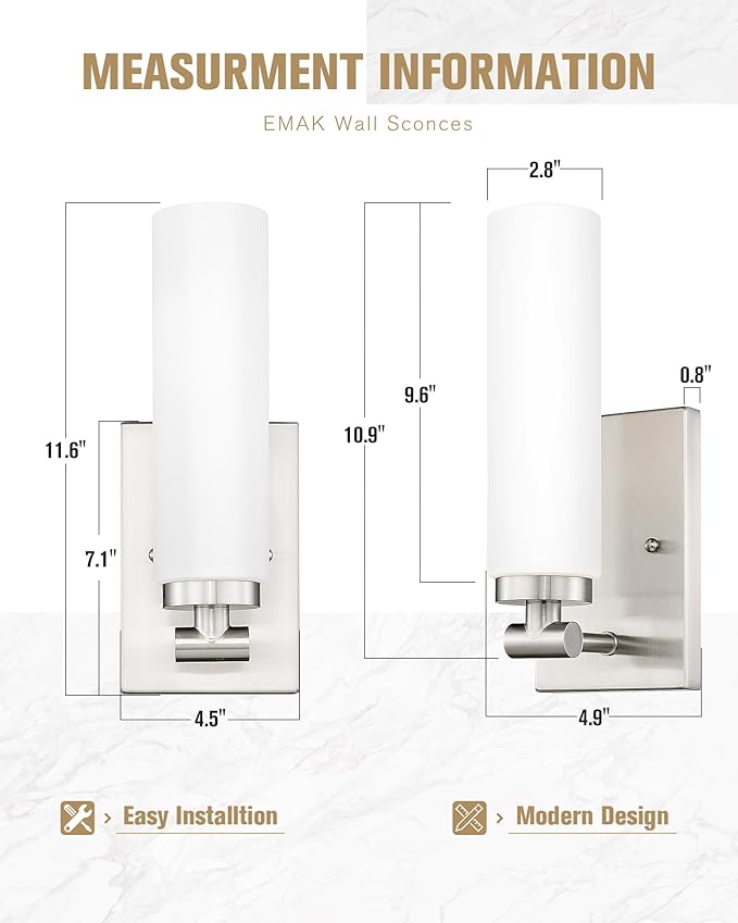 Emak Brushed Nickel Wall Sconces, 2 Light Bathroom Light Fixtures with Milk Glass Shade, Modern Wall Lights for Bathroom, Mirror, Living Room, Bedroom, Gallery, WS086-BN-ML-2PK