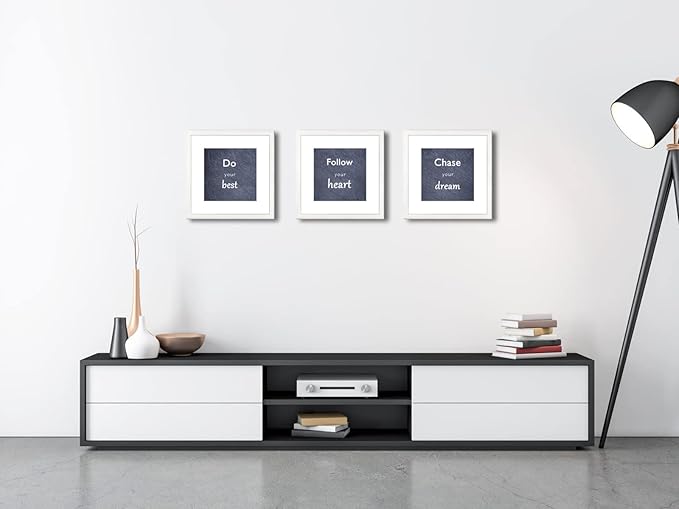 12x12 White Picture Frame Set of 3 for Pictures 8x8 with Mat or 12x12 Without Mat,Wall or Tabletop Gallery Photo Frames with Real Glass