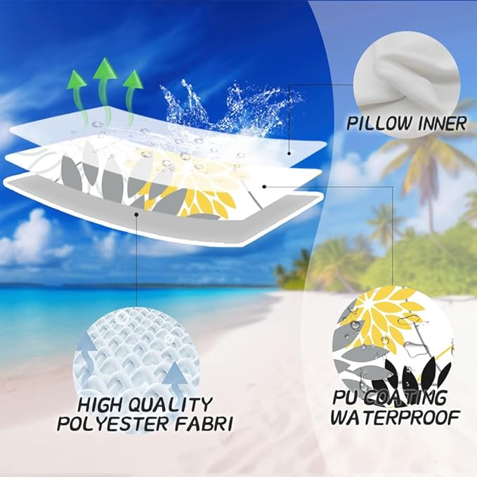 Grey and Yellow Black Floral Pillow Covers 18x18 Set of 2 Outdoor Waterproof Decorative Throw Pillows Summer Pillow Covers Polyester Cushion Case Decor for Couch Patio Funiture Garden Porch 011C18