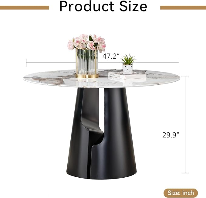 Round Faux Marble Dining Table Set for 4, Modern Luxury Kitchen Table for 4-6, Circle Dining Tables with Pandora Marble Grain Top and Black Carbon Steel Pedestal Base (1 Table Only)