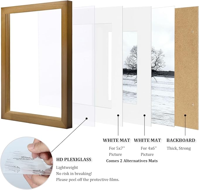 Egofine 8x10 Picture Frame Made of Solid Wood with Plexiglass, Display Pictures 4x6/5x7 with Mat or 8x10 without Mat, for Table Top and Wall Mounting Photo Frame, Light Brown