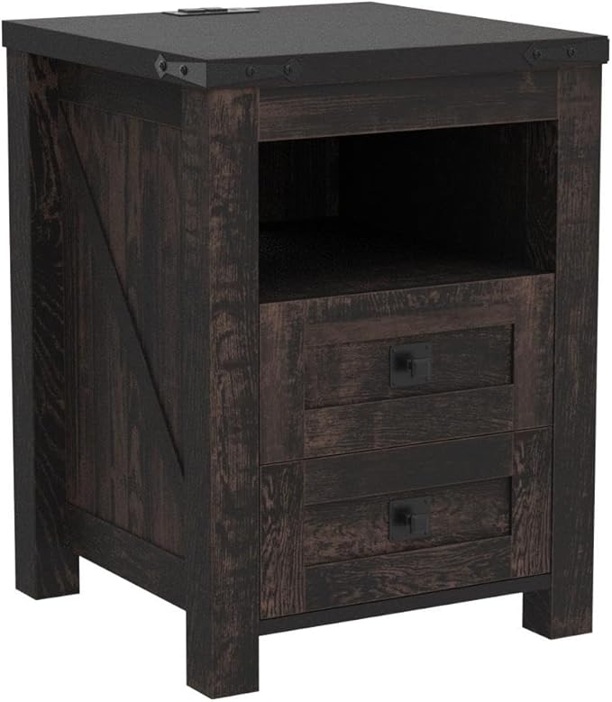 T4TREAM Nightstand with Charging Station, End Table, Side Table with 2 Drawers Storage Cabinet for Bedroom, Living Room, Farmhouse Design, Wood Rustic, Dark Rustic Oak