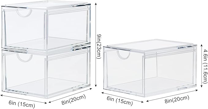 2 Pack Stackable Cosmetic Organizer Drawers, Clear Acrylic Makeup Storage Organizer Box, Plastic Storage Bins Vanity Container for Bathroom Countertop, Bedroom Dresser, Kitchen Cabinets