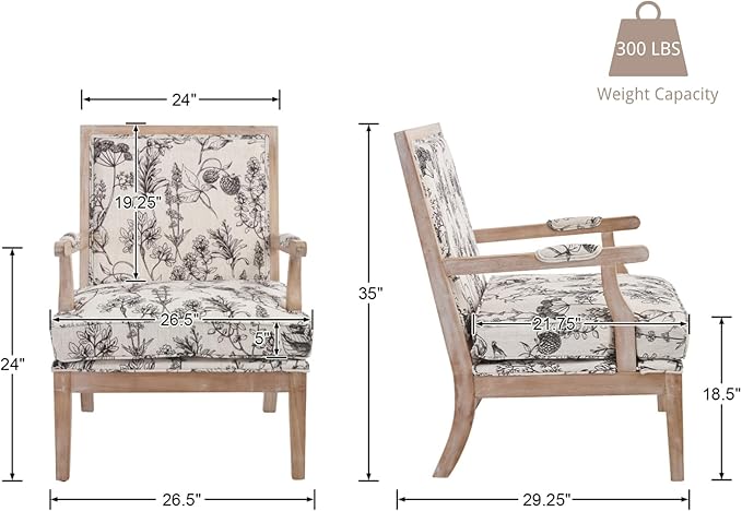 chairus Farmhouse Linen Accent Chair for Living Room, Upholstered Reading Chair with Solid Wood Frame Lounge Arm Chair with High Back for Bedroom, Reception Room, Waiting Room, Floral Pattern