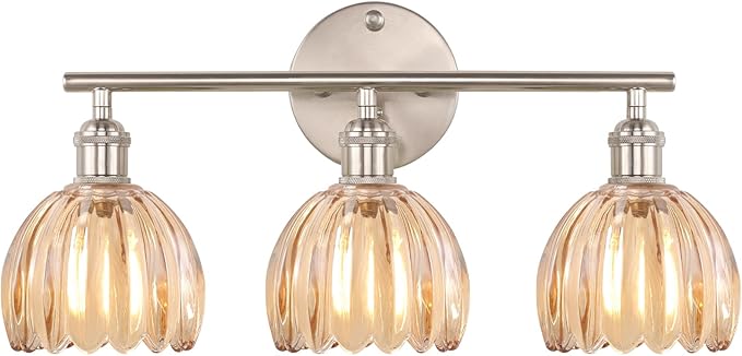 Bathroom Light Fixtures, 3-Light Vanity Wall Light Over Mirror with Amber Tulip Glass Shade for Bedroom Living Room, Satin Nickel