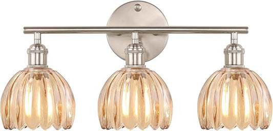 Bathroom Light Fixtures, 3-Light Vanity Wall Light Over Mirror with Amber Tulip Glass Shade for Bedroom Living Room, Satin Nickel