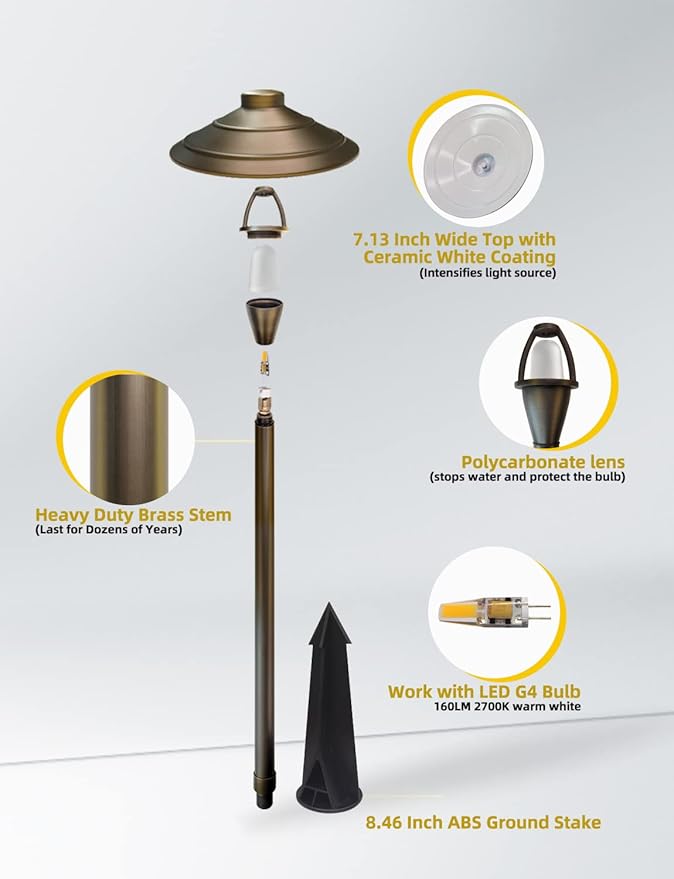 COLOER Brass Low Voltage Walkway Lights for Outside Bronze Finish 1-Pack with LED G4 Bulb,9-17V AC/DC 2W 2700K Warm White Outdoor Landscape Path Lights for Garden,Yard,Sidewalk or Driveway(601B)