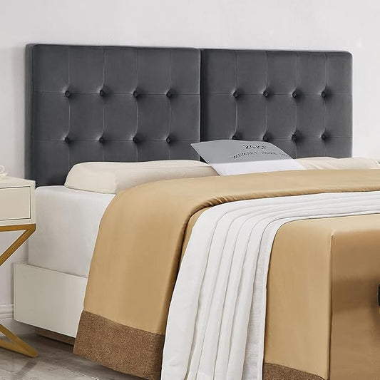 24KF Dark Gray Wall Mounted Tufted Button Queen Headboard Full Headboard,Soft Comfortable Velvet Padded Queen/Full Size Headboard-6035-Q-Dark Gray