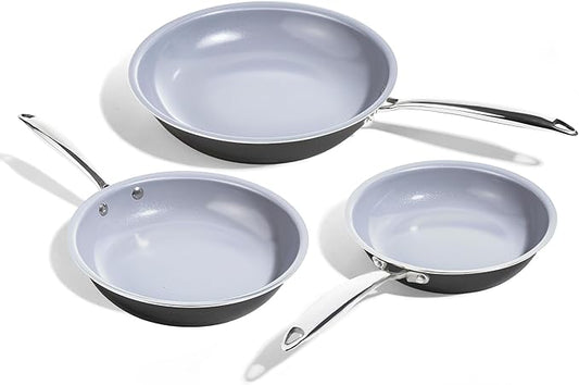 KITEXPERT Non Stick Frying Pans Set, Titanium Ceramic Pan Skillet Set Non Toxic, 8" 9.5" 11" Nonstick Frying Pan, Stainless Steel Handle, Dishwasher & Oven Safe, PFAS & PTFE & PFOA Free, Grey