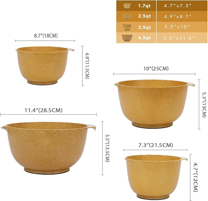 BoxedHome Dressing Bowl Set Red Pine Fiber Salad Bowls Non-Slip Stackable Kitchen Bowls 4 Piece Set Purely natural, made of natural fibers(Deep yellow)